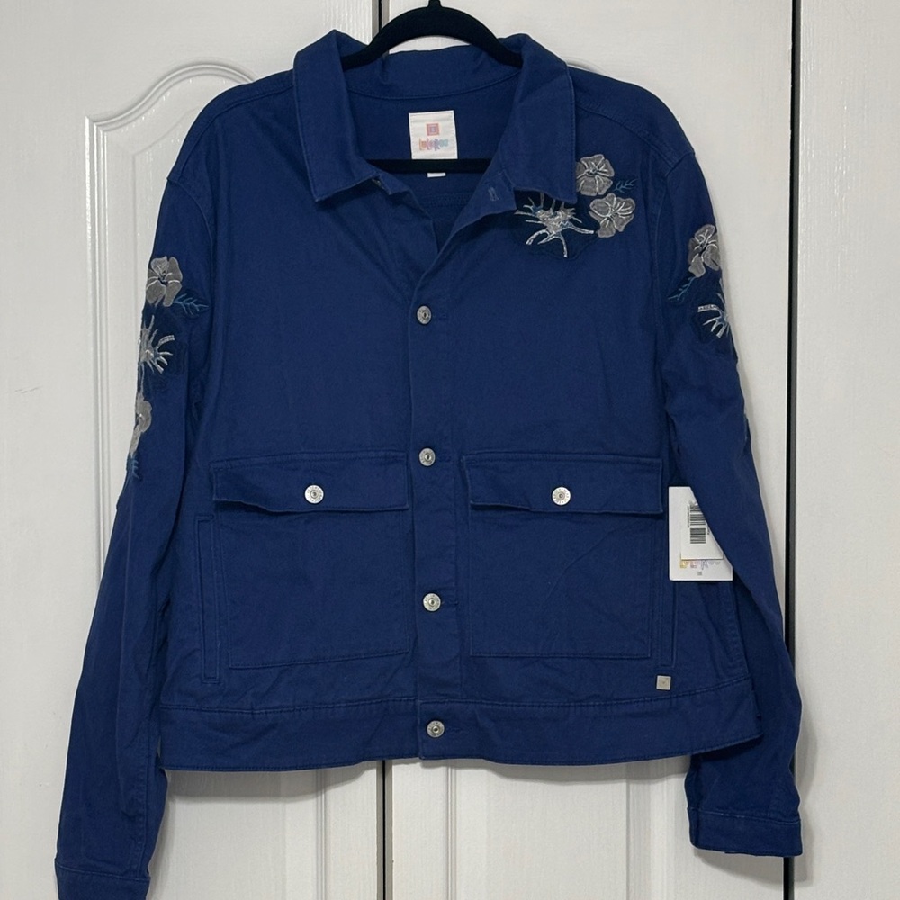 NWT Royal Blue Twill Jacket with Flower Embroidery
